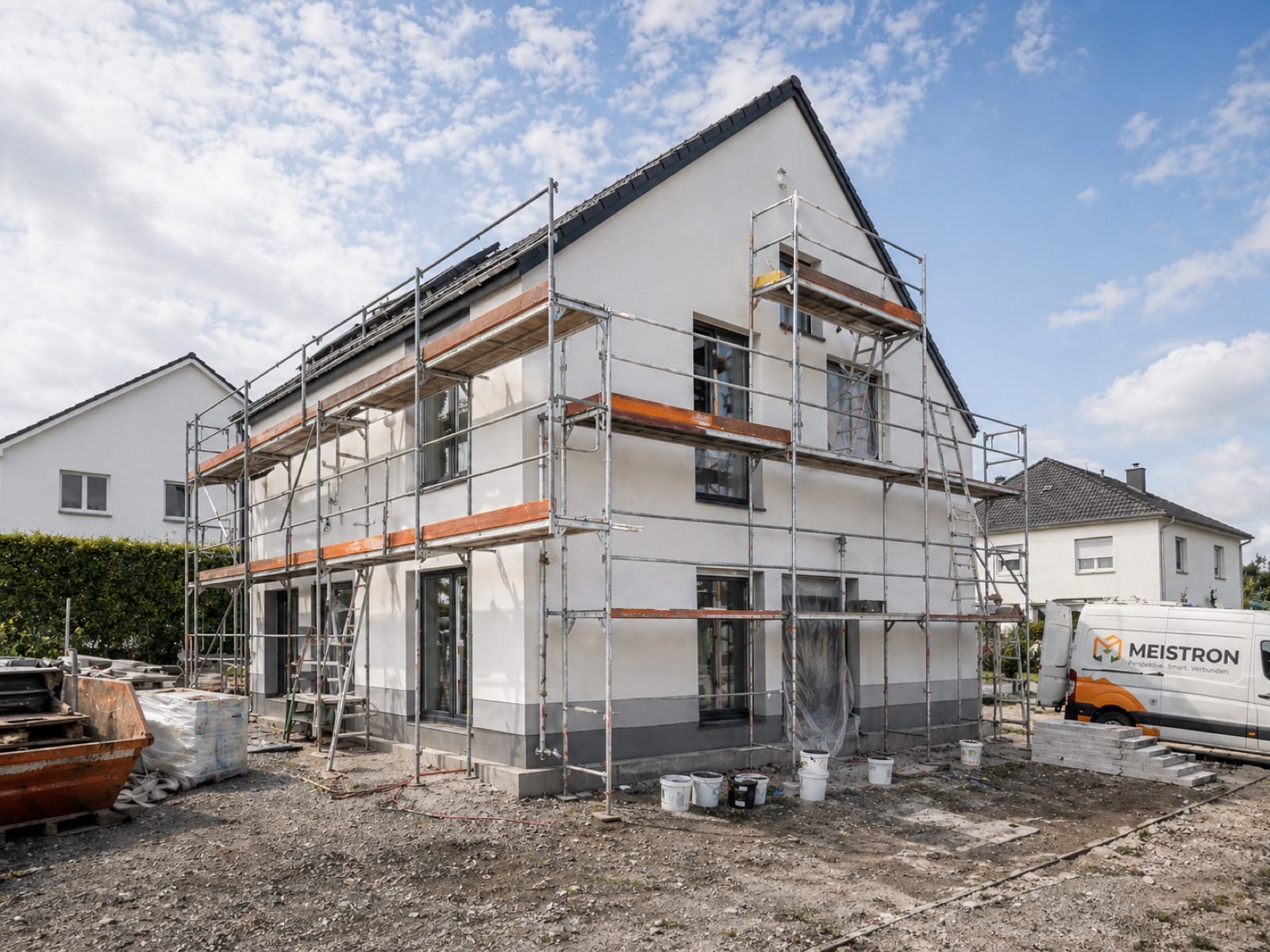 Einfamilienhaus mit Gerüst und Meistron-Servicewagen — Handwerkersoftware für Bauunternehmen und Generalunternehmer