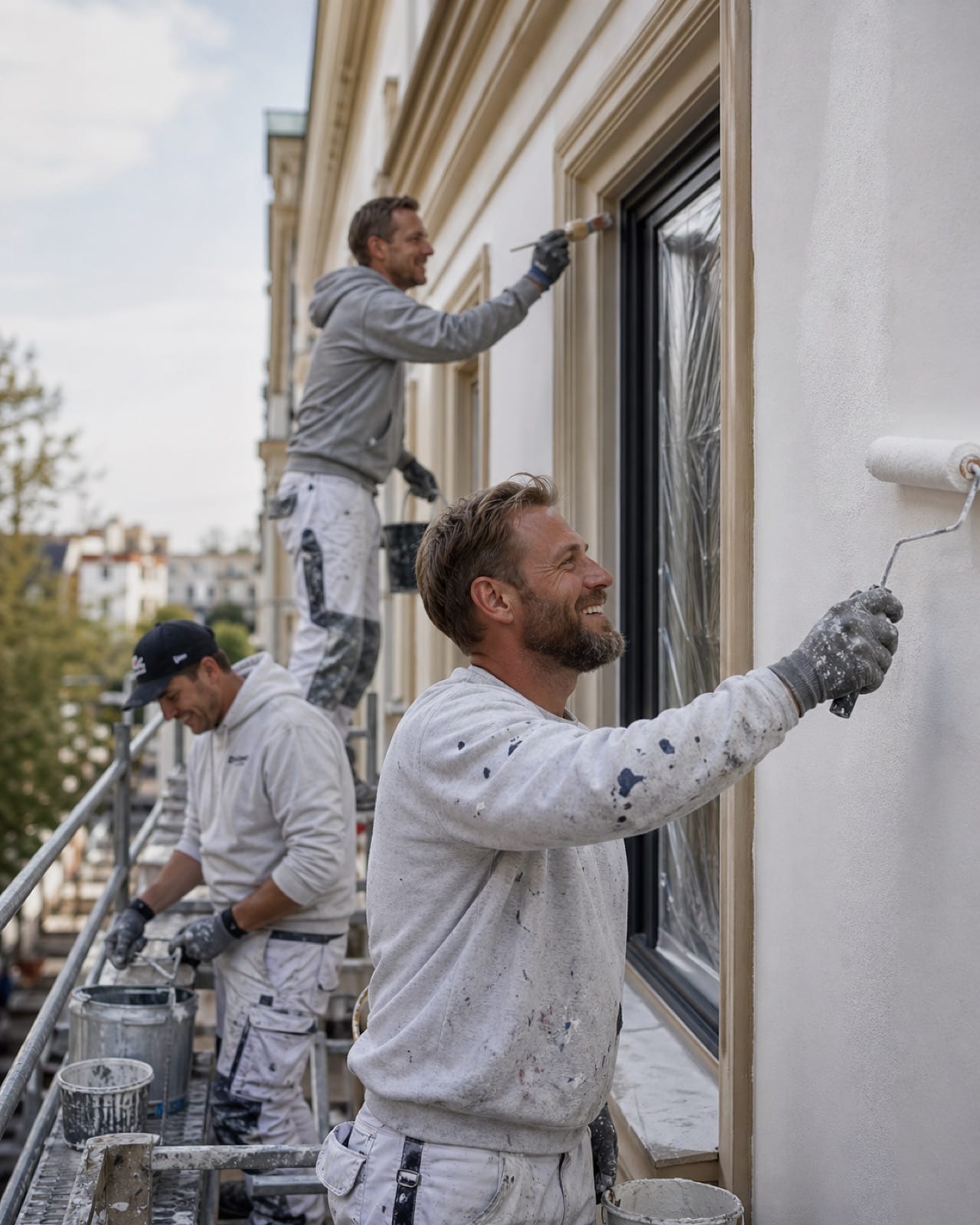 Maler-Team auf Gerüst beim Fassadenanstrich — Einsatzplanung mit der Handwerkersoftware Meistron
