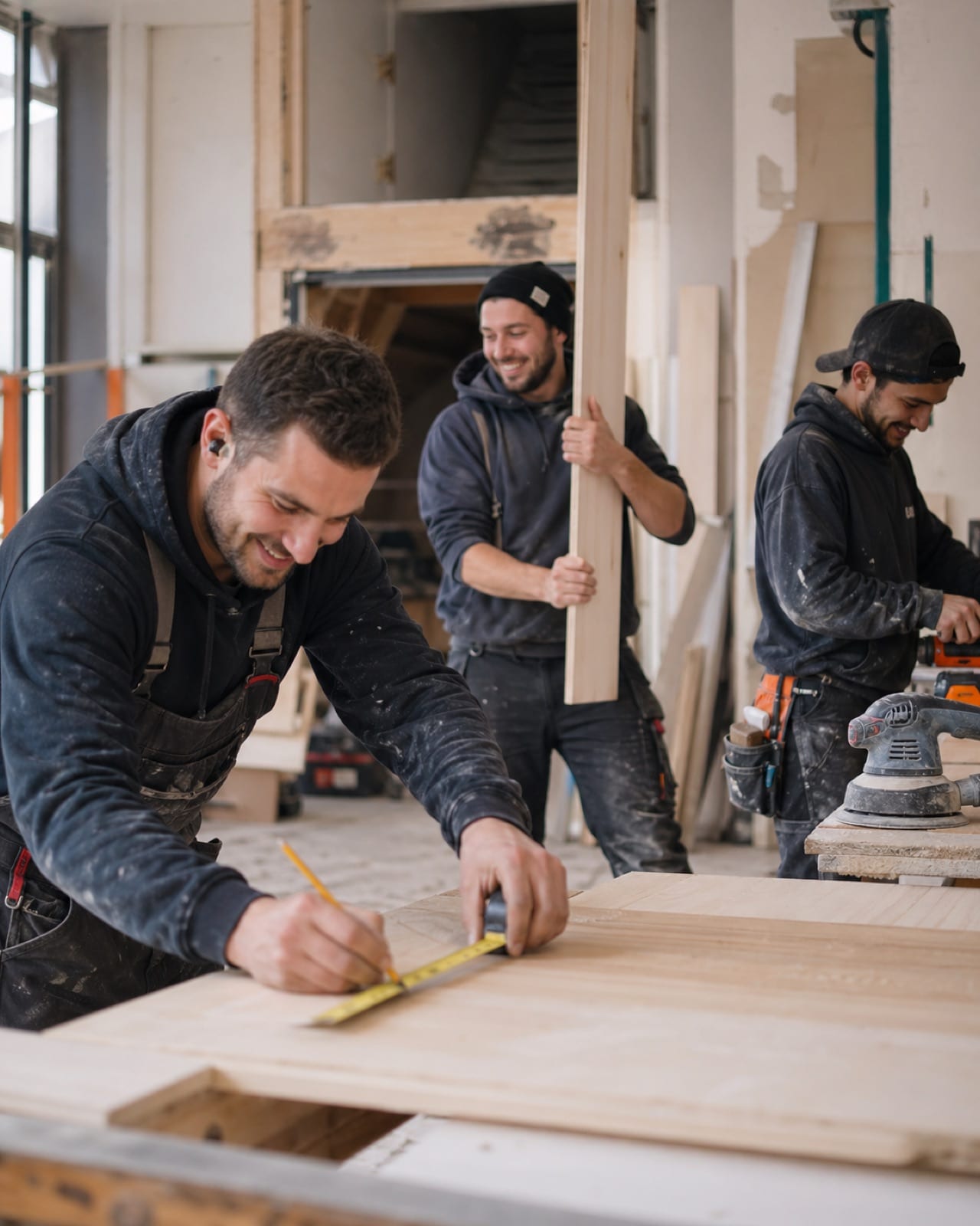 Drei Schreiner in der Werkstatt arbeiten an Massivholz-Bauteilen — Handwerkersoftware Meistron im Praxiseinsatz