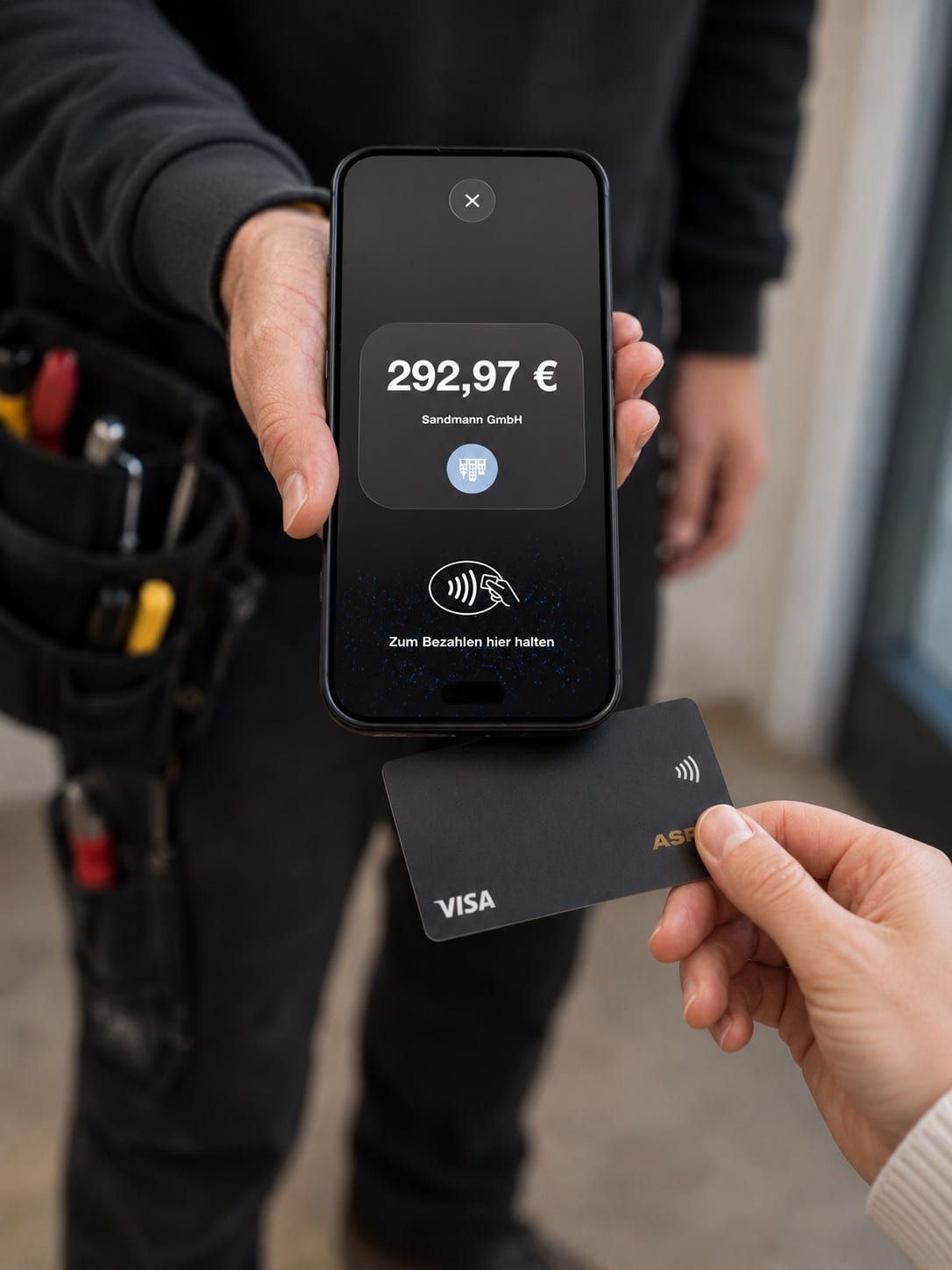 Handwerker kassiert vor Ort per Tap to Pay auf dem iPhone, der Kunde hält die Karte ans Smartphone — Kartenzahlung ohne Zusatzgerät mit der Handwerkersoftware Meistron